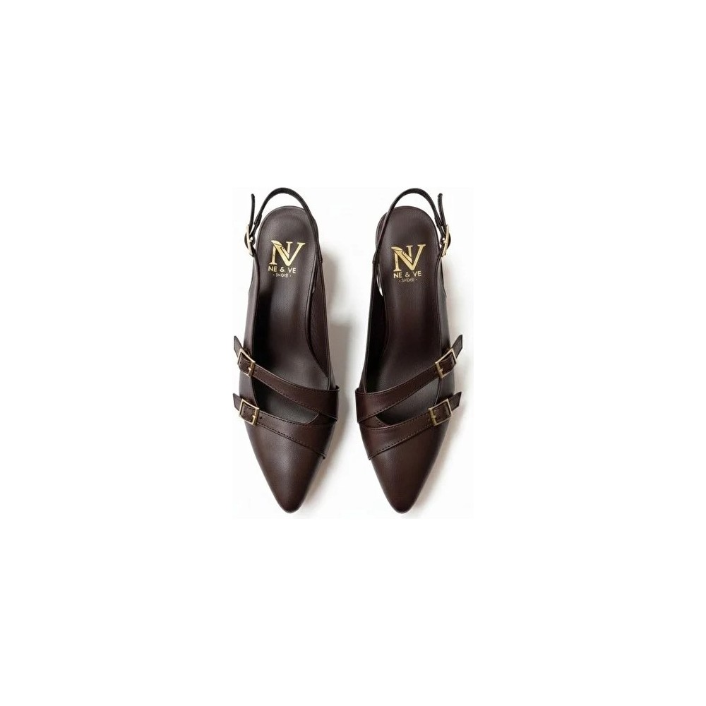 Ne&Ve Shoes Kahve Deri Üç Tokalı Kadın Sivri Burun Kalın Topuklu  Ayakkabı