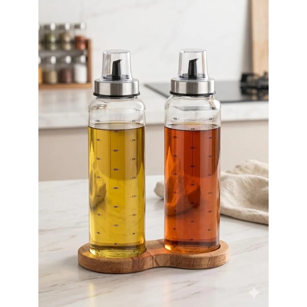 BURADABULDUN Ahşap Standlı Cam Yağdanlık Seti 500 ml | 2 Li Set | Damlatmaz Kapaklı Modern Tasarım