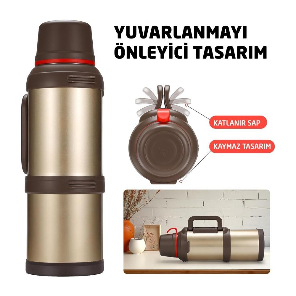 Travel Pot Çelik Gold Renk Termos 4 Litre 48 Saat Sıcak Soğuk Dağcı ve Kamp Termosu Aile Boyu Büyük Termos