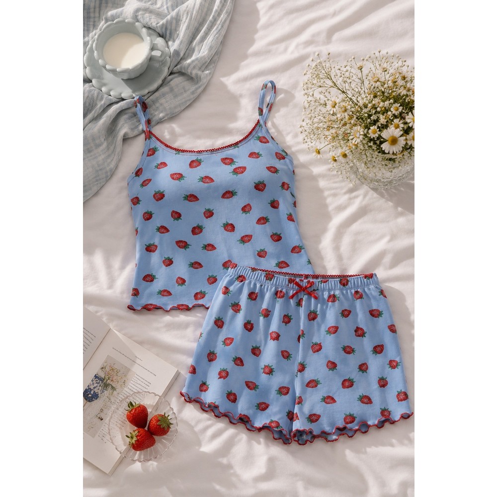 Koza İç Giyim Kadın Ip Askılı Çilek Desenli Pamuklu Şortlu Pijama Takımı