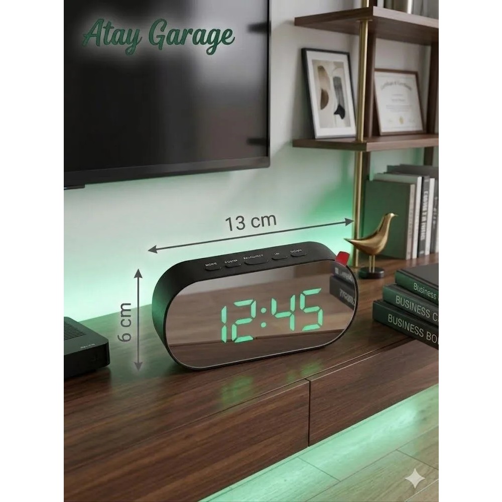Atay Garage Aynalı Dijital Masa Saati - Yeşil LED Ekranlı, Alarmlı Modern Masaüstü Saat