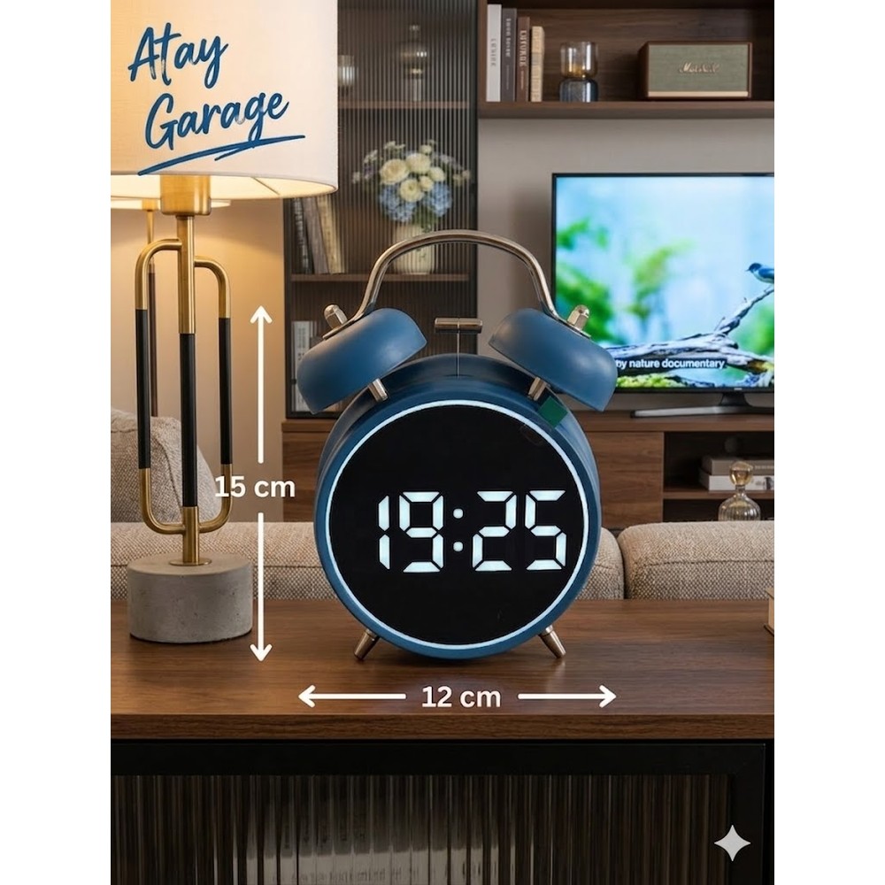 Atay Garage Retro LED Çalar Saat Dijital Ekranlı Sessiz Alarm Masaüstü Saati Mavi Renk Dijital Saat