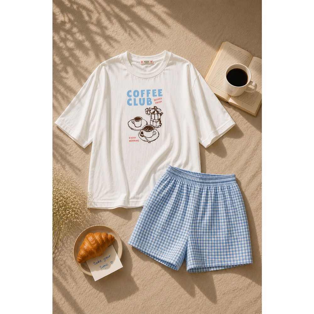 Koza İç Giyim Kadın Pamuklu Kısa Kollu Pötikare Desenli Şortlu Pijama Takımı