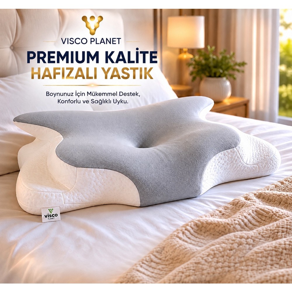 Visco Planet Ortopedik Memory Foam Yastık 62 x 42 x 13/10 cm Pamuk Viskon Dış Materyal ile Ergonomik Destek