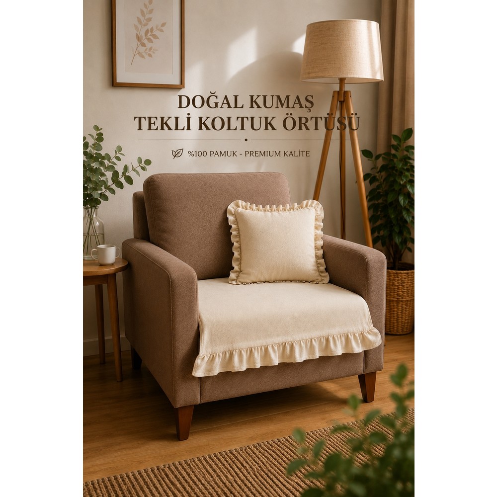 YUNUSOĞLU HOME Fırfırlı Ham Bez Koltuk Örtüsü Tekli Berjer ve Kanepe Koruyucu Krem 90 cm x 110 cm