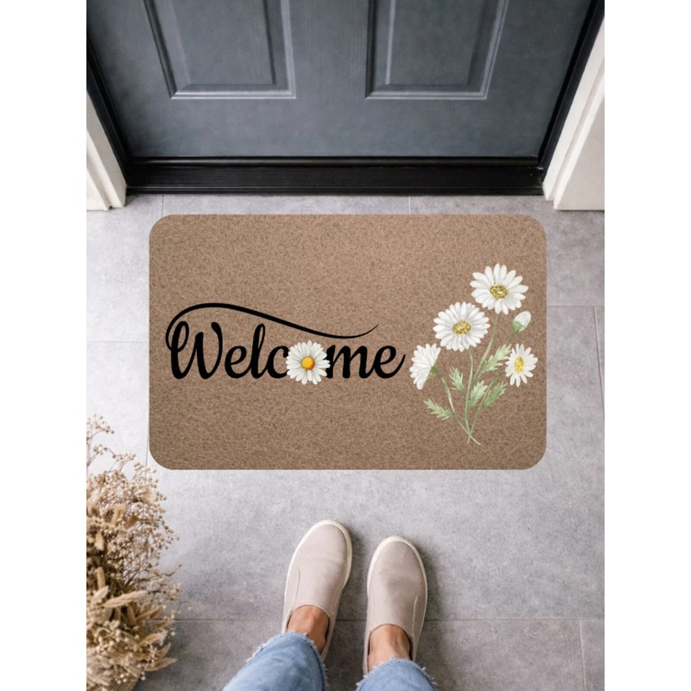 Bert Papatya Desenli  "welcome"  Kapı Önü Paspası 70X45 cm PVC Malzeme ile Kaymaz Tabanlı Kullanım Alanı
