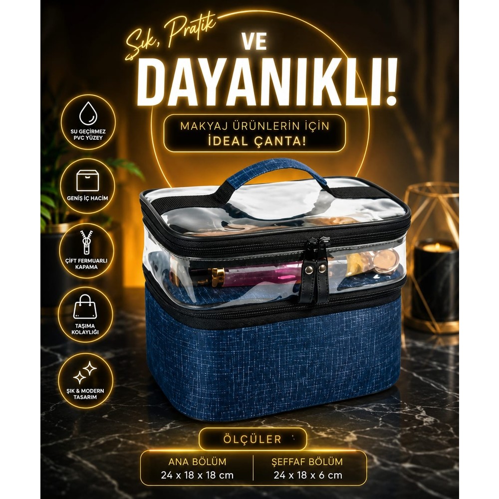 Uydee Makyaj Çantası Bavulu Seyahat Makyaj Seti Profesyonel Bölmeli Kozmetik Şeffaf Makyaj Çantası