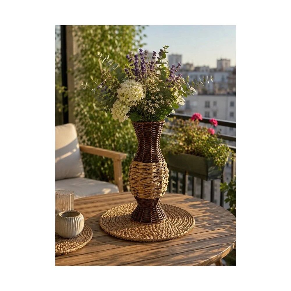 NEVVALİFE Rattan Çok Amaçlı Dekoratif Hasır Vazo-El Yapımı Modern Şık Tasarım Vazo Kahverengi Üst Tarafı Bej Renk 29 cm