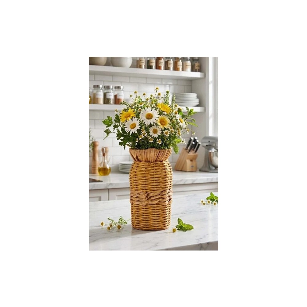 NEVVALİFE Rattan Çok Amaçlı Dekoratif Hasır Vazo-El Yapımı Modern Şık Tasarım Vazo Açık Kahverengi Orta Kısımlar Bej Renk 19 cm