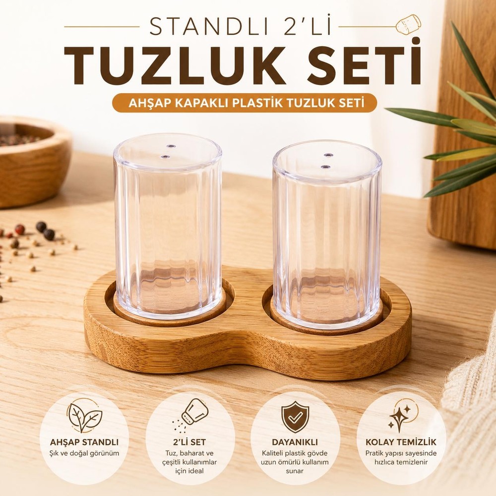 BURADABULDUN Ahşap Standlı 2'li Tuzluk Seti - Ahşap Kapaklı Şeffaf Plastik Baharatlık