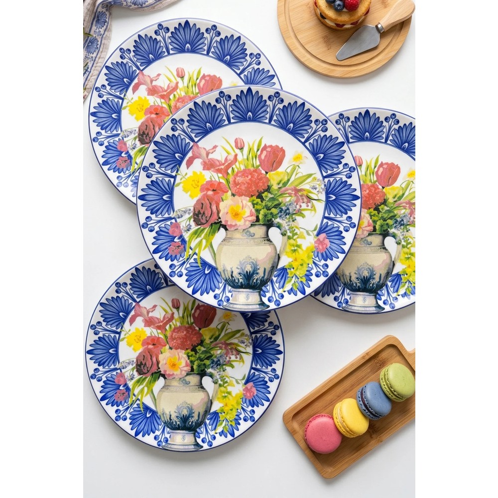 Grandora Vazo ve Renkli Çiçek Desenli (6 Adet, 20 Cm) Pasta, Tatlı, Kahvaltı Tabağı Seti - Pasta Sunum Tabakları