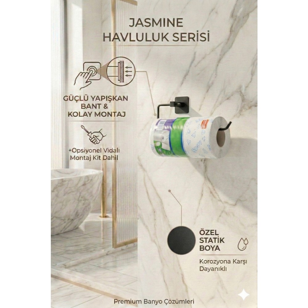 Alper Banyo Jasmin Siyah Kare Solo Havluluk, Yapışkanlı ve Vidalı Montajlı Havlu Askısı, Statik Boyalı 25 cm