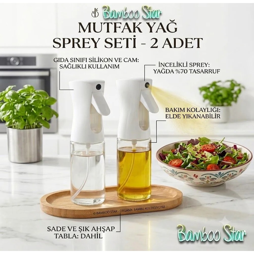 Bamboo Star Airfryer Sprey Yağdanlık 2 Li Beyaz Renk ve Bambu Altlık Seti