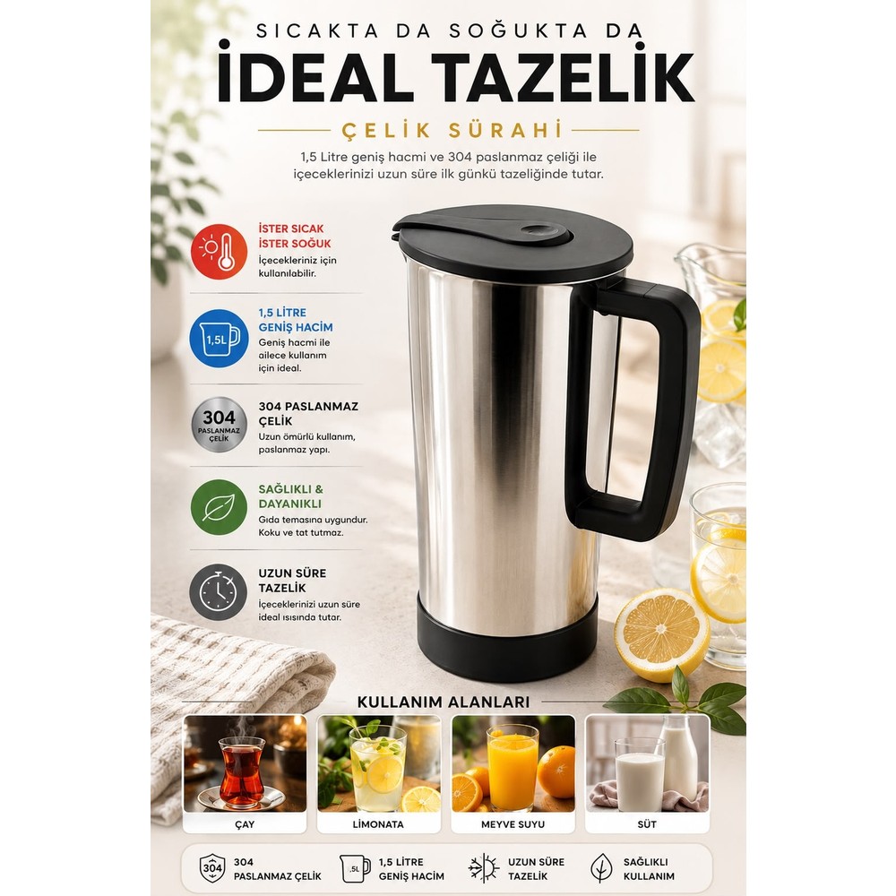 BURADABULDUN 1,5 Litre 304 Paslanmaz Çelik Sürahi | Sıcak Soğuk Içecek Sürahisi | Çelik Termal Sürahi