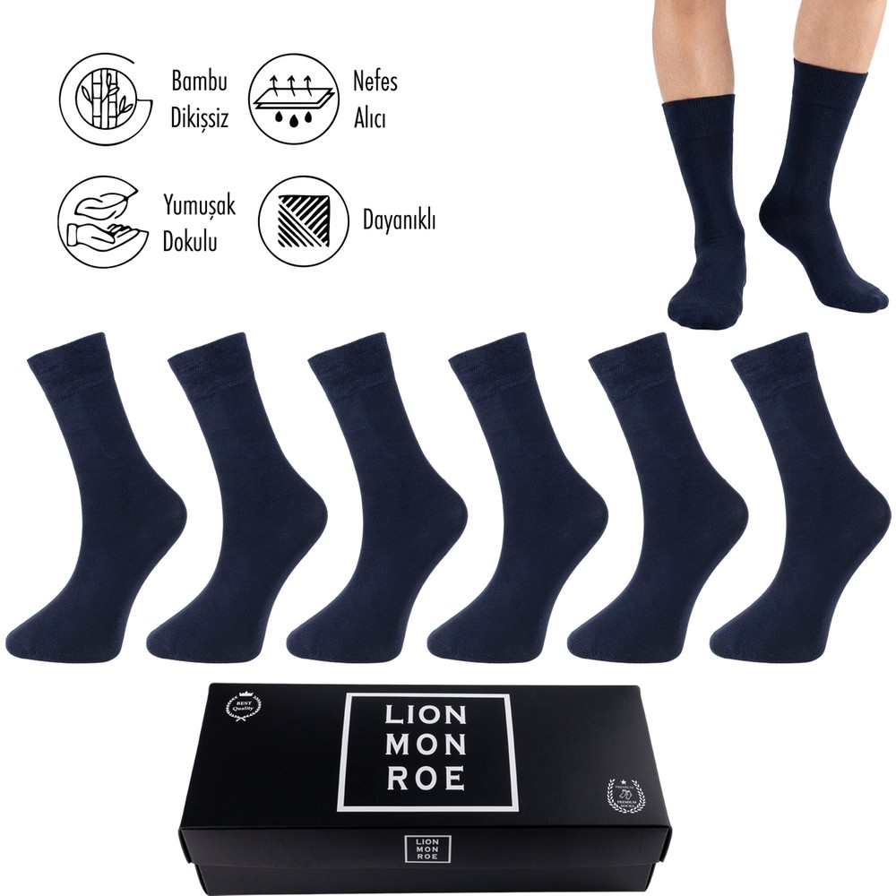 Lion Monroe Saf Bambu Yazlık Erkek Soket Uzun Düz Çorap Dikişsiz Premium Kutulu 6'lı Hediyeli