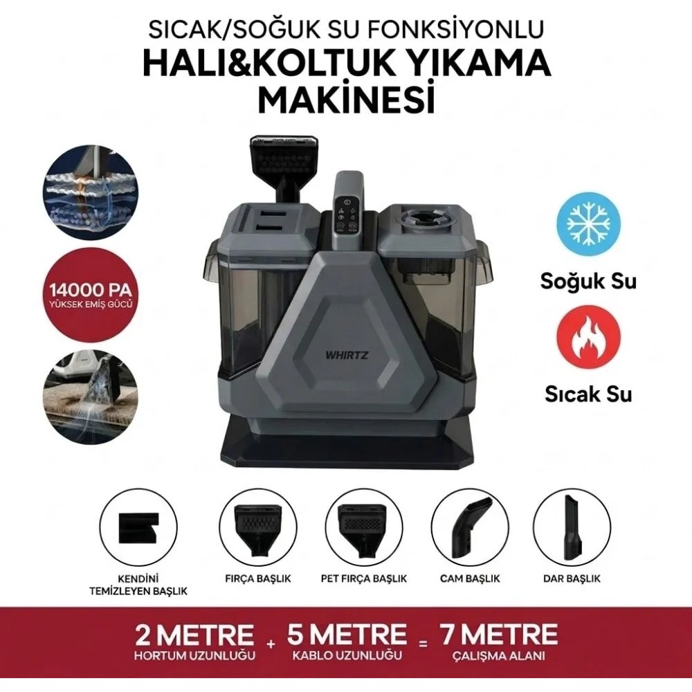 Whirtz Sıcak/soğuk Fonksiyonlu Halı ve Koltuk Yıkama Makinesi - 14 Kpa Emiş Gücü - 5 Başlıklı - Gri