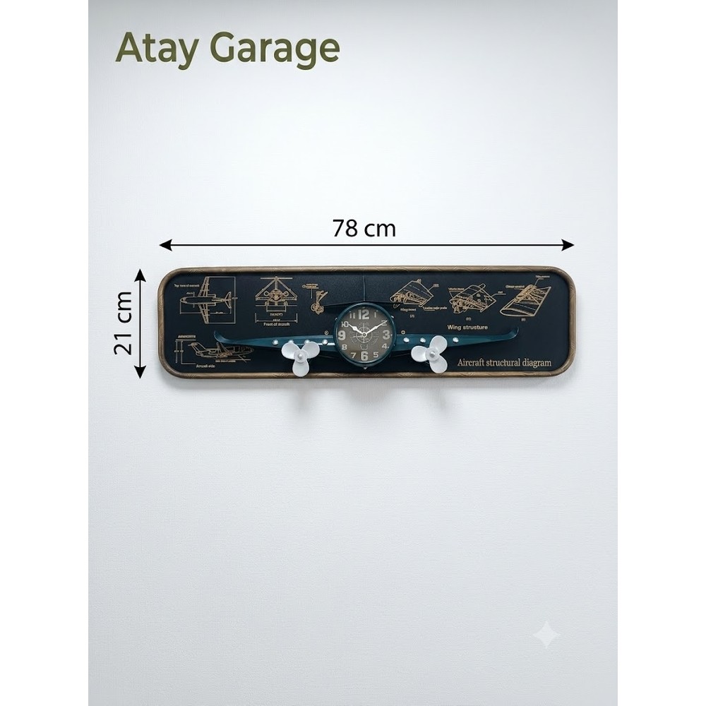 Atay Garage Vintage Uçak Şemalı 3D Pervaneli Metal Duvar Saati – Ofis ve Ev Dekorasyonu