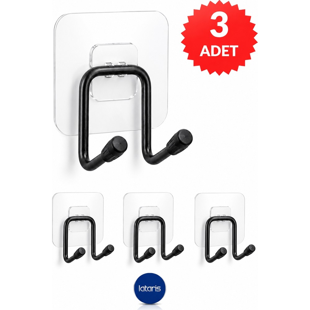 Lataris Yapışkanlı 3 Adet Banyo Mutfak Askısı Çift Kancalı Metal Askılık Duvar Askı Organizer