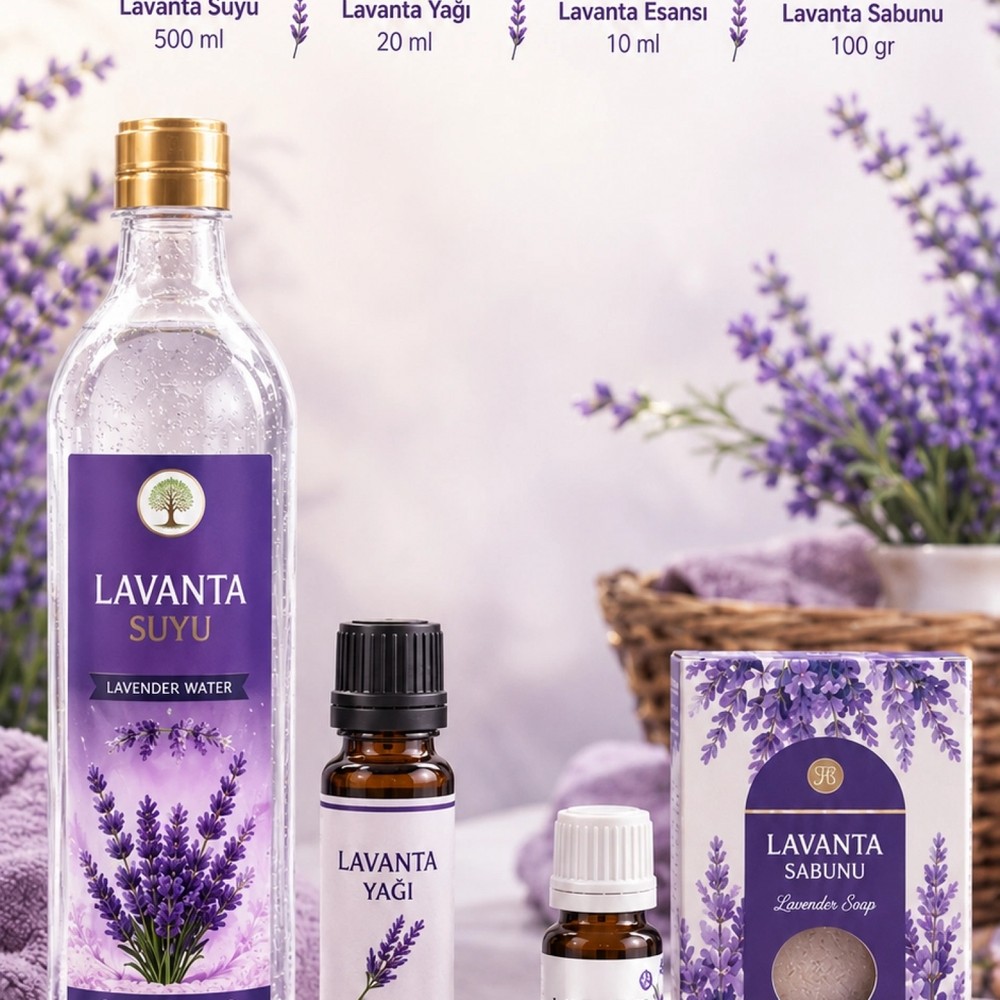 Çare Burada Lavanta Bahçesi Seti (Içilebilir Lavanta Suyu 500 ml & Lavanta Yağı 20 ml & Lavanta Esansı 10 ml & Lavanta Sabunu 100 Gr)