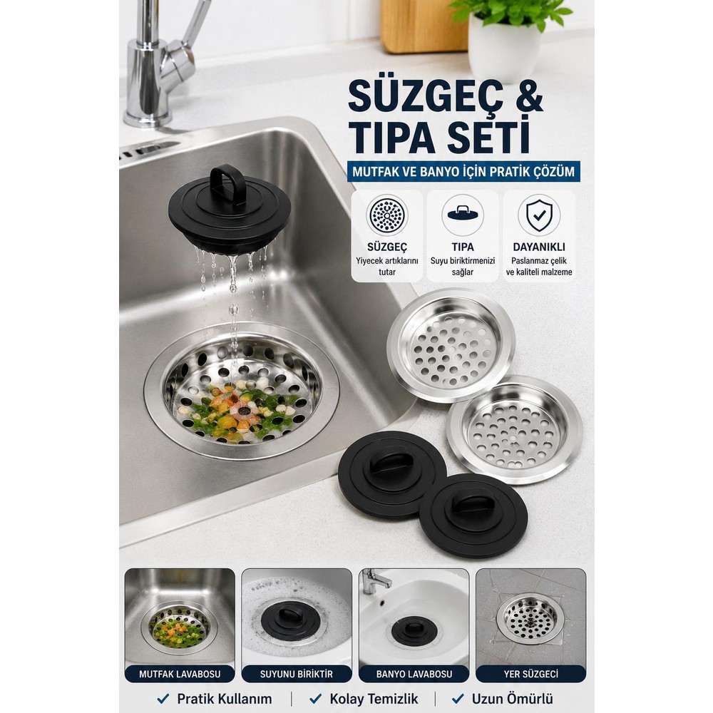 BURADABULDUN 4 Parça Lavabo Süzgeç ve Tıpa Seti Paslanmaz Çelik Mutfak Banyo Gider Süzgeci Gider Kapağı