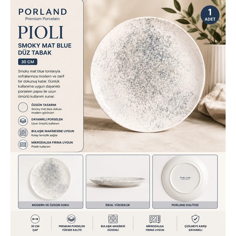 Porland Pioli Smoky Mat Blue Düz Tabak 30CM