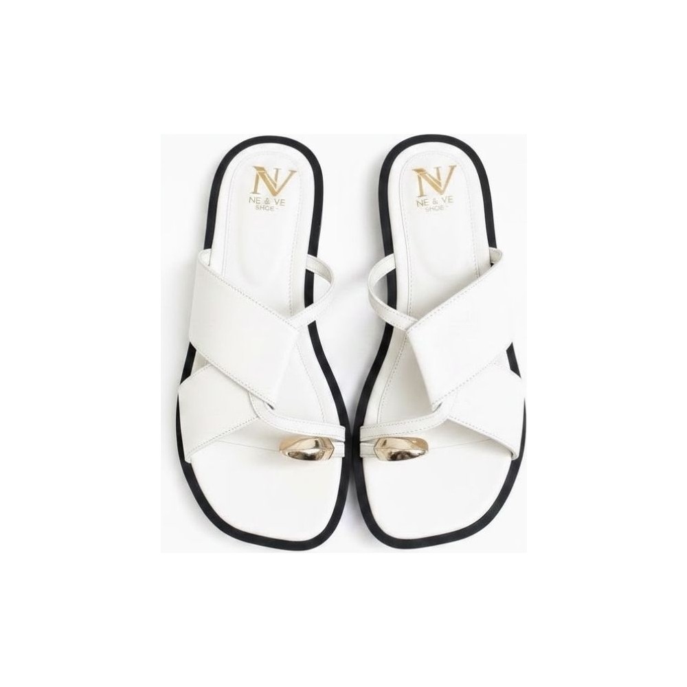 Ne&Ve Shoes Beyaz Deri Aksesuar Detaylı Parmak Arası Kadın Terlik