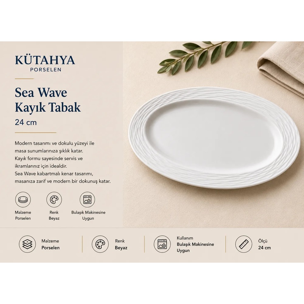 Kütahya Porselen Sea Wave 24 cm. Kayık Tabak