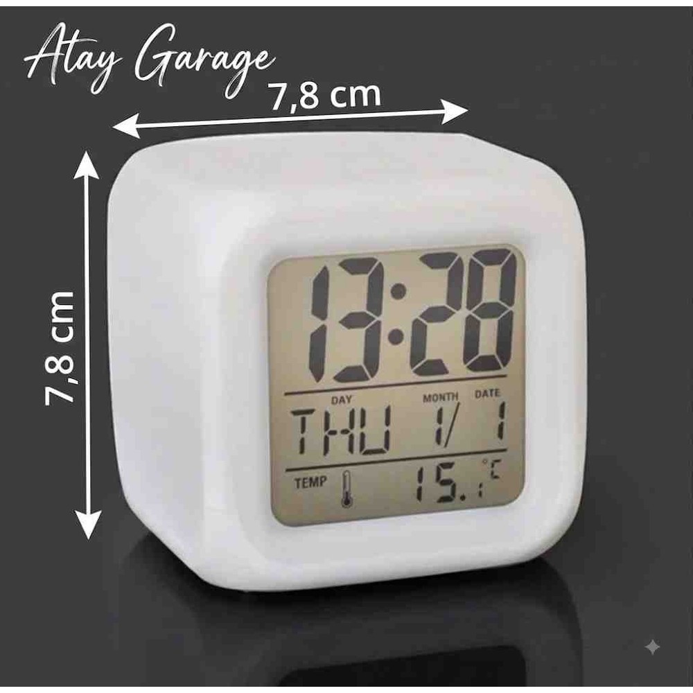 Atay Garage Dijital Renk Değiştiren Küp Masa Saati - Alarmlı, Termometreli, Takvimli Gece Lambası