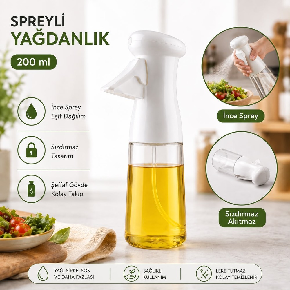 BURADABULDUN Çok Amaçlı Cam Şişe Püskürtmeli Dağıtıcı Yağdanlık Limonluk Sirke Sosluk Spreyi Beyaz
