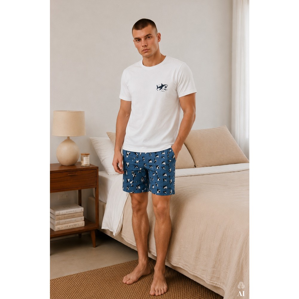 Koza İç Giyim Erkek Pamuklu Baskılı Cepli Şortlu Pijama Takımı Modern Desen