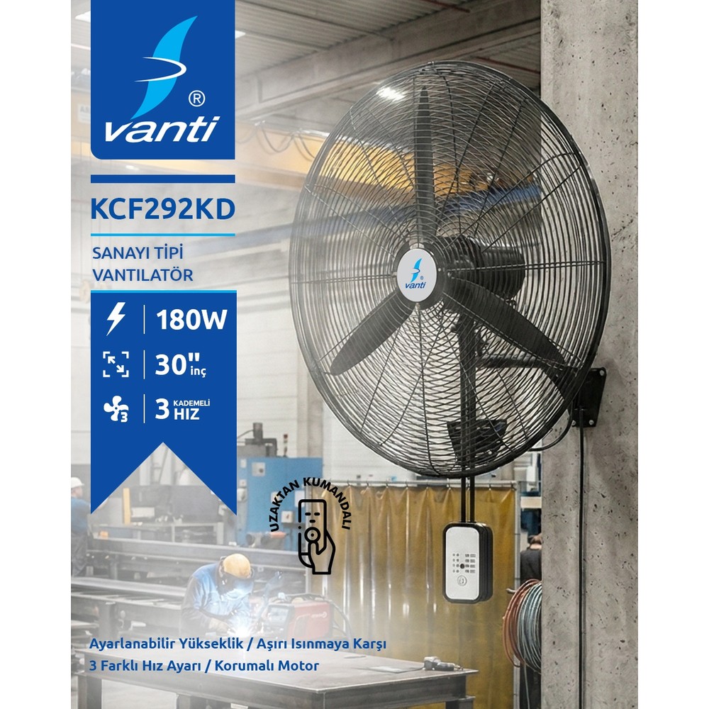 Kendal Duvar Tipi Kumandalı Sanayi Vantilatör 180W KCF292KD