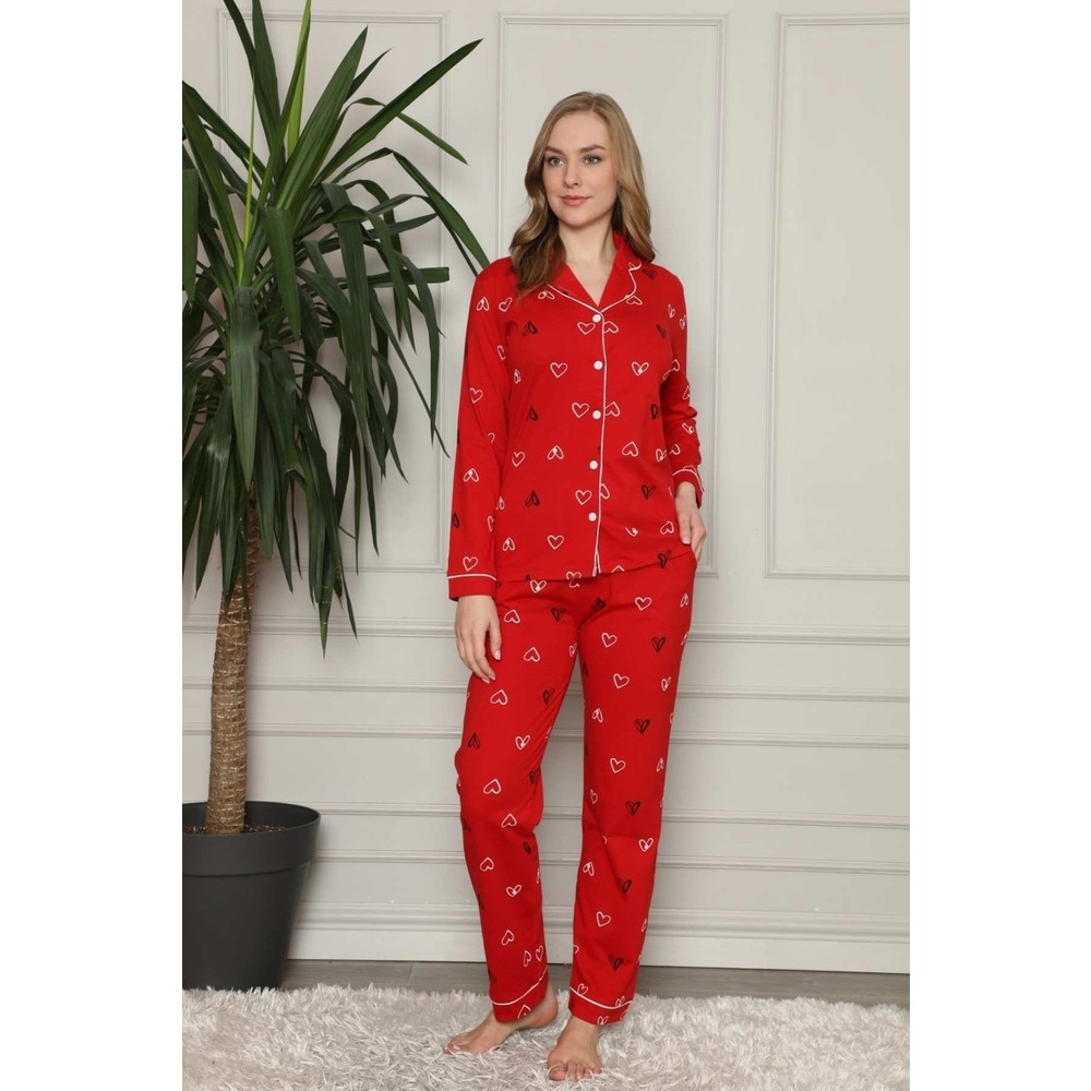 Farya Home Pamuklu Kalp Desenli Uzun Kollu Düğmeli Gömlek Pijama Takımı