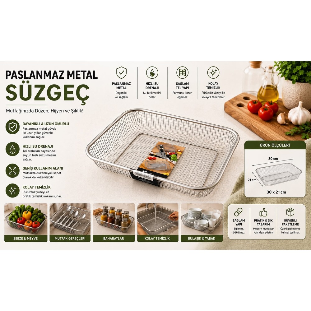 BURADABULDUN Paslanmaz Metal Dikdörtgen Süzgeç Sebze Meyve Yıkama ve Süzme Sepeti 30X21 cm