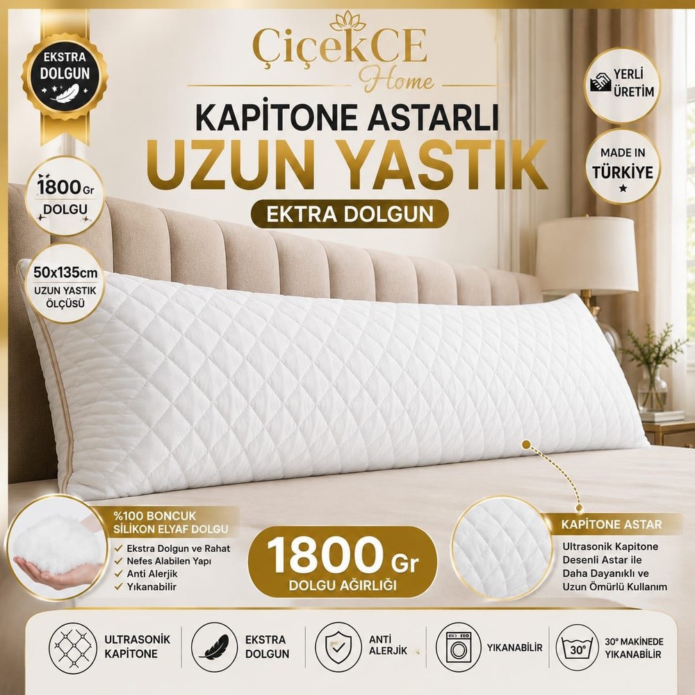 ÇİÇEKCE HOME Uzun Yastık Kapitoneli 50X135 Ekstra Dolgun 1800 Gram 1 Adet