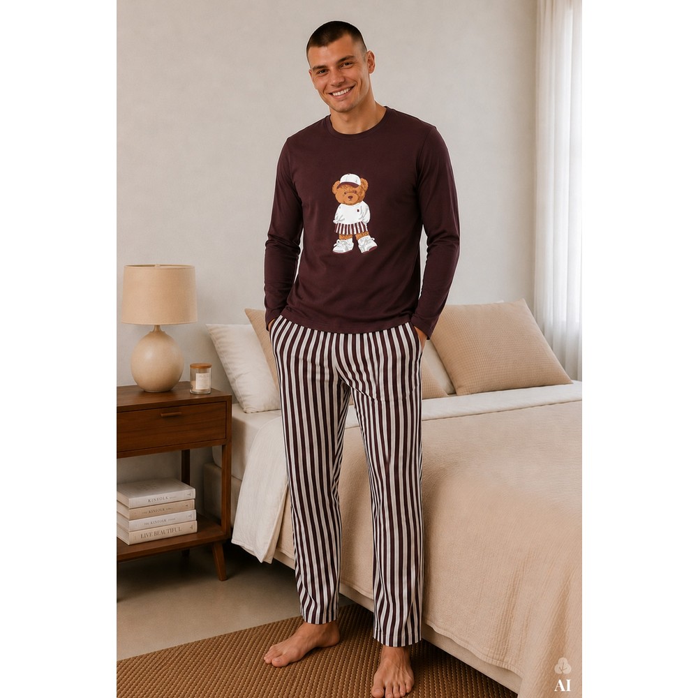 Koza İç Giyim Erkek Pamuklu Uzun Kollu Ayıcık Baskılı Alt Çizgili Pijama Takımı
