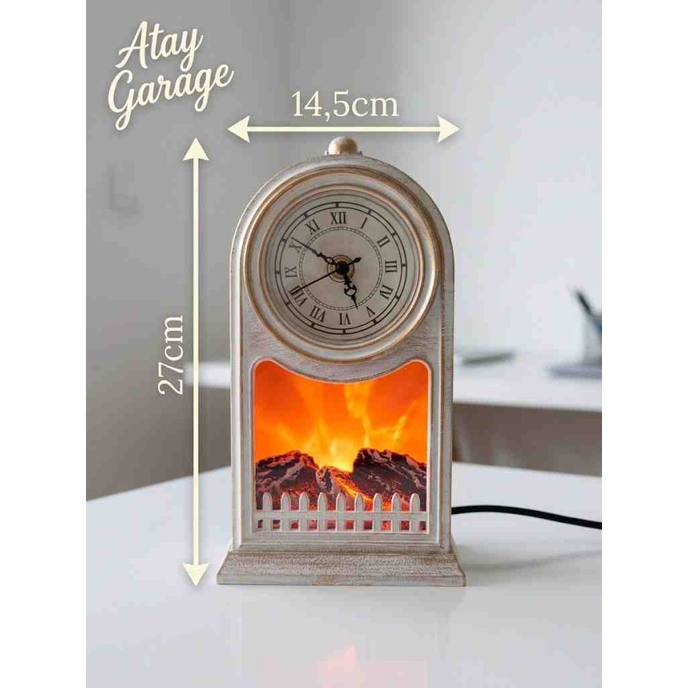 Atay Garage Retro Alev Efektli Gece Lambalı Masa Saati – Eskitme Beyaz Dekoratif Şömine Saat