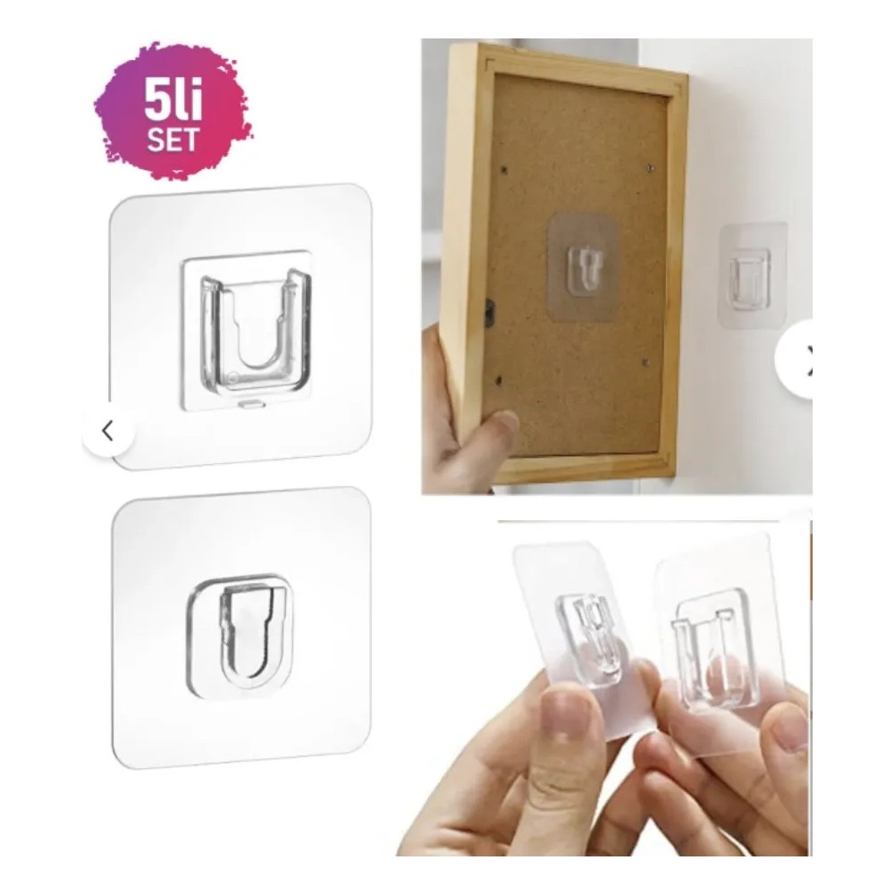 Cocoloco Home Çift Taraflı Yapışkanlı Geçmeli Eşya Sabitleme Kancası Klips Şeffaf Duvar Asma Kancası 5 Set