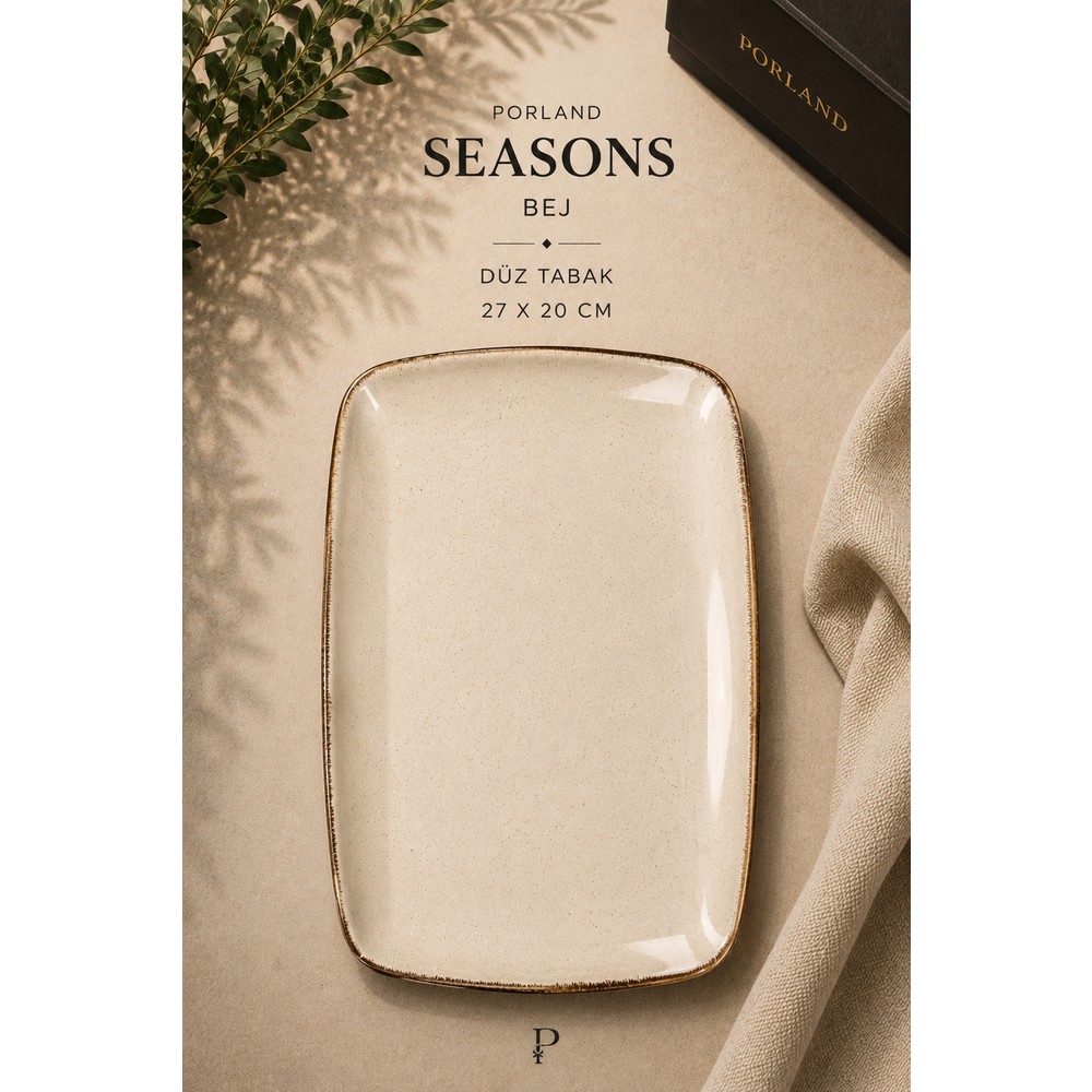Porland Seasons Koyu Gri/bej Düz Tabak 27 x 20 cm Porselen Servis Tabağı Yemek Tabağı