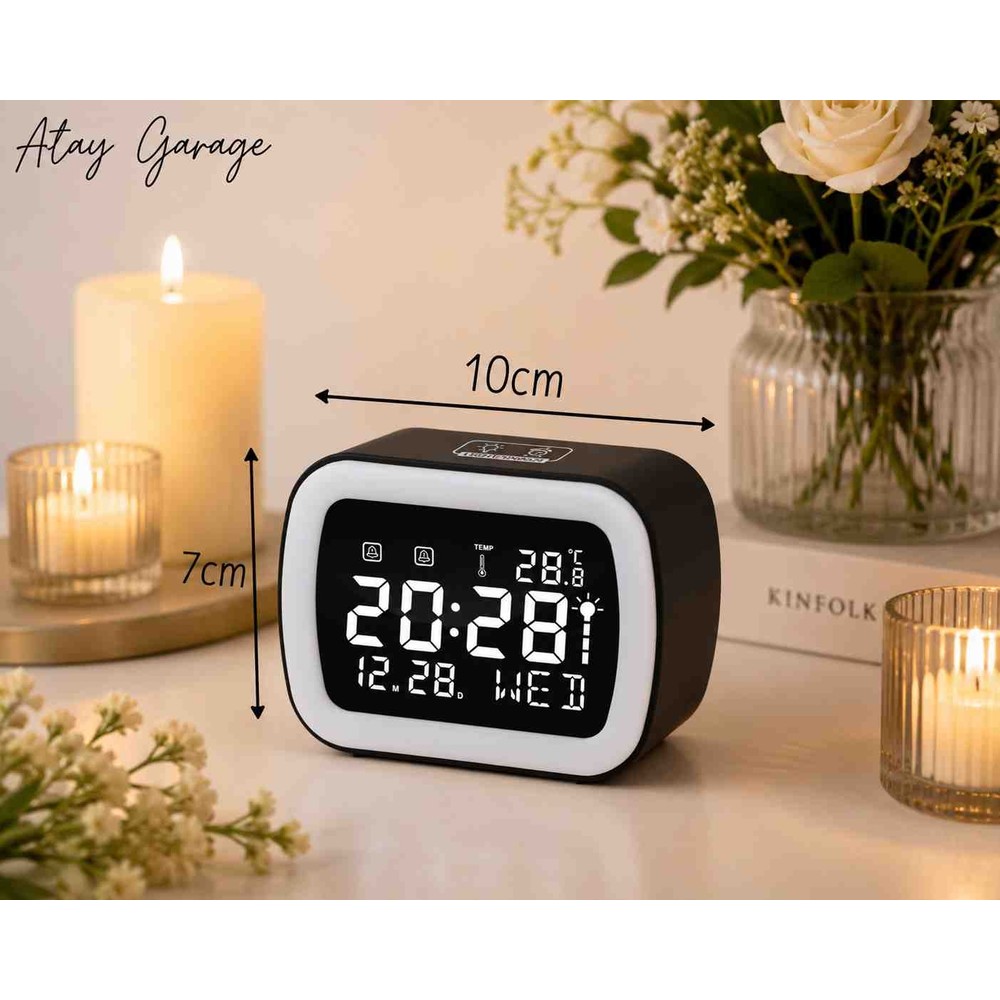 Atay Garage Dijital LED Masa ve Komodin Saati Siyah - Termometreli ve Alarmlı