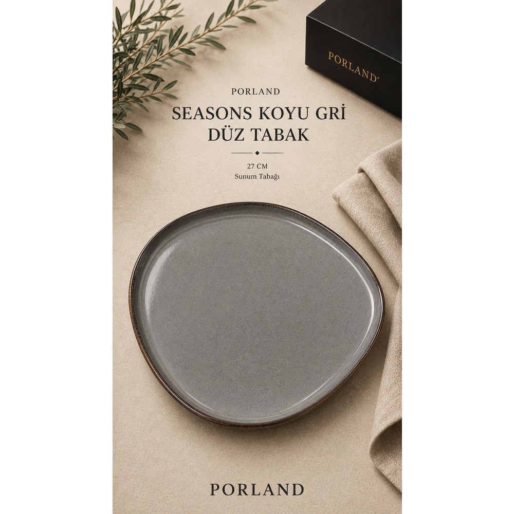 Porland Seasons Koyu Gri Düz Tabak (27 cm Sunum Tabağı)