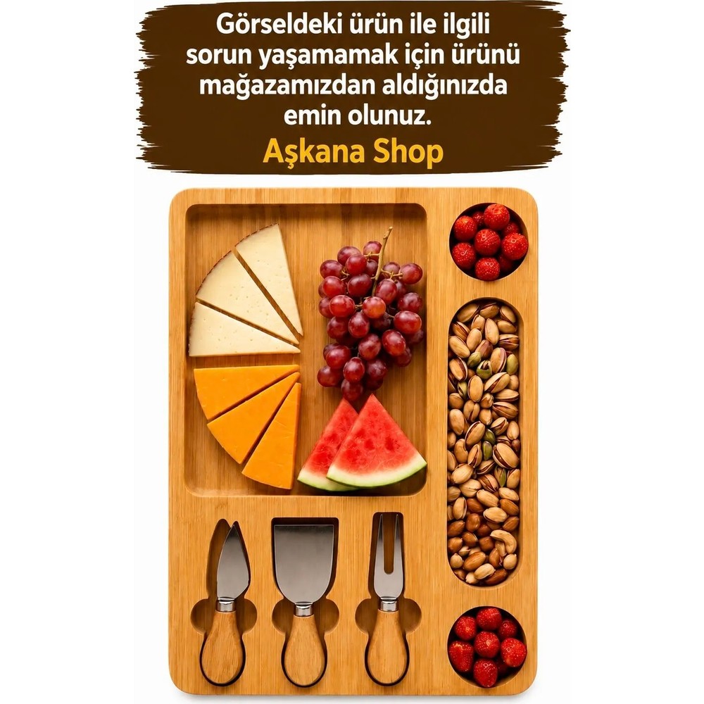 Aşkana Ahşap Peynir Servis Tabağı 3+1 Bölmeli – 3’lü Peynir Bıçağı Seti Şarküteri Sunum Tahtası-Model2