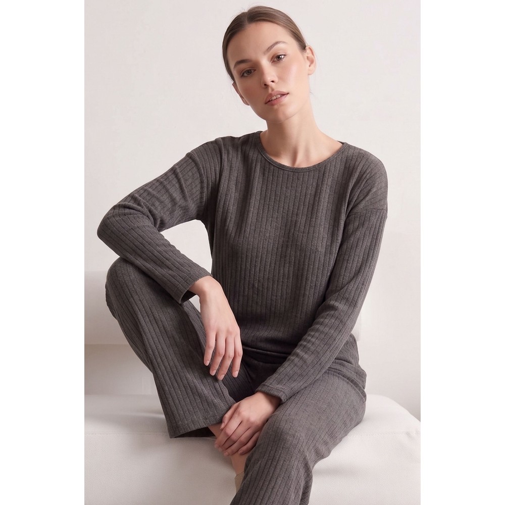 Farya Home Pamuklu Şeritli Kışlık Yumuşak Tuşe Interlok Örme Pijama Takımı