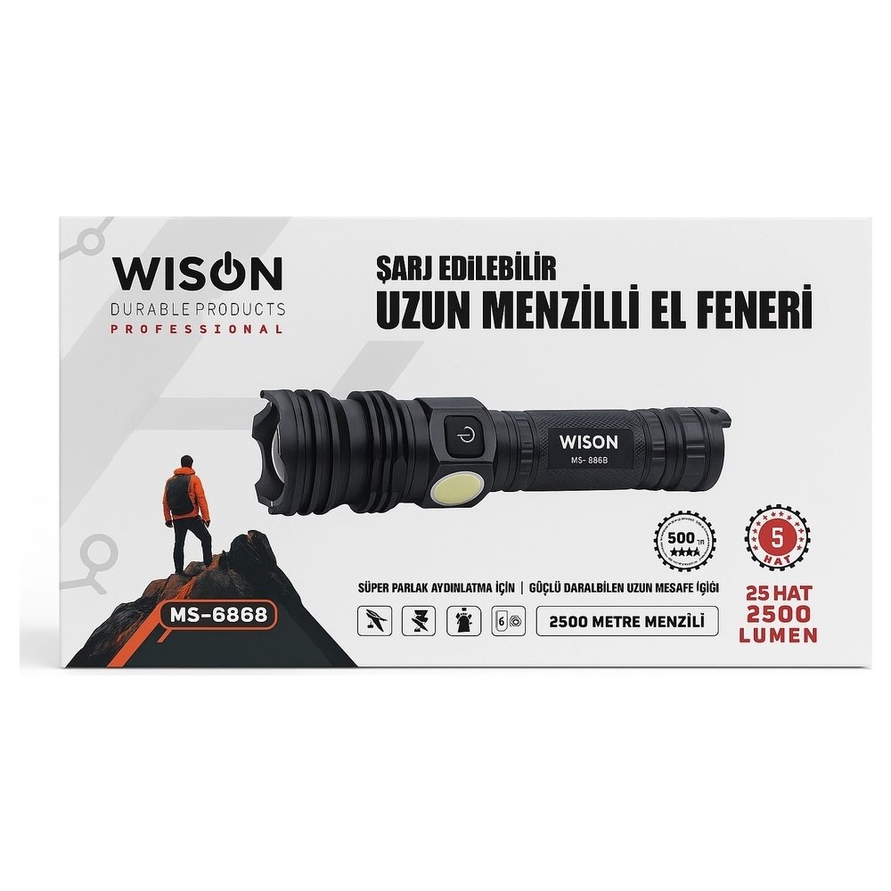Wison WS-6868 Profesyonel El Feneri 25W 2500 Lümen 5800 Mah Zoomlu Güçlü Cob Light Metal Kasa Powerbank Type-C Şarjlı