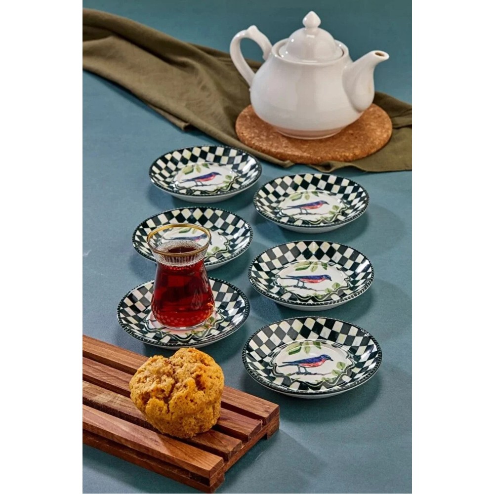 Grandora 6’lı Porselen Çay Tabağı Tabağı Seti, Kuş Desenli Siyah Beyaz Modern Sunum Çay Tabağı - 12,5 cm