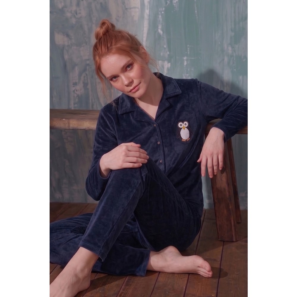 Farya Home Luxury Velvet Fransız Kadife Düğmeli Penguen Nakışlı Gömlek Pijama Takımı