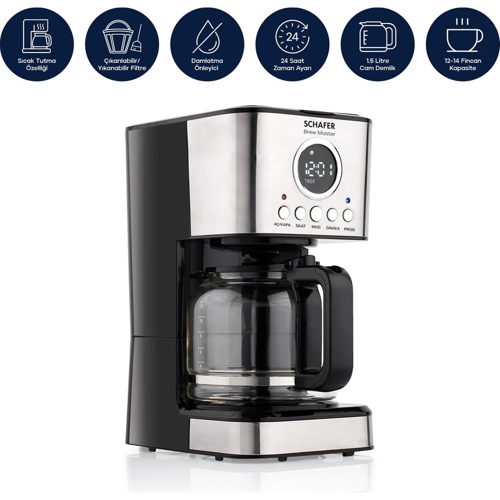 Schafer Brew Master İnox Filtre Kahve Makinesi 12 Fincan Kapasite ile Otomatik Kapanma Özelliği