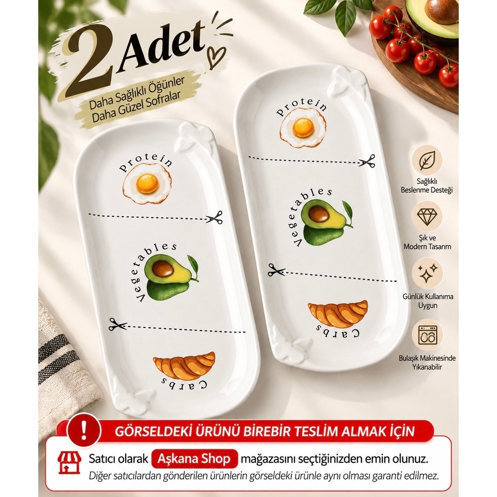 Aşkana Porsiyon Kontrol Diyet Tabağı 34 cm – Protein Sebze Karbonhidrat Desenli Seramik Sağlıklı Beslenme Servis Tabağı Seti-2 Adet