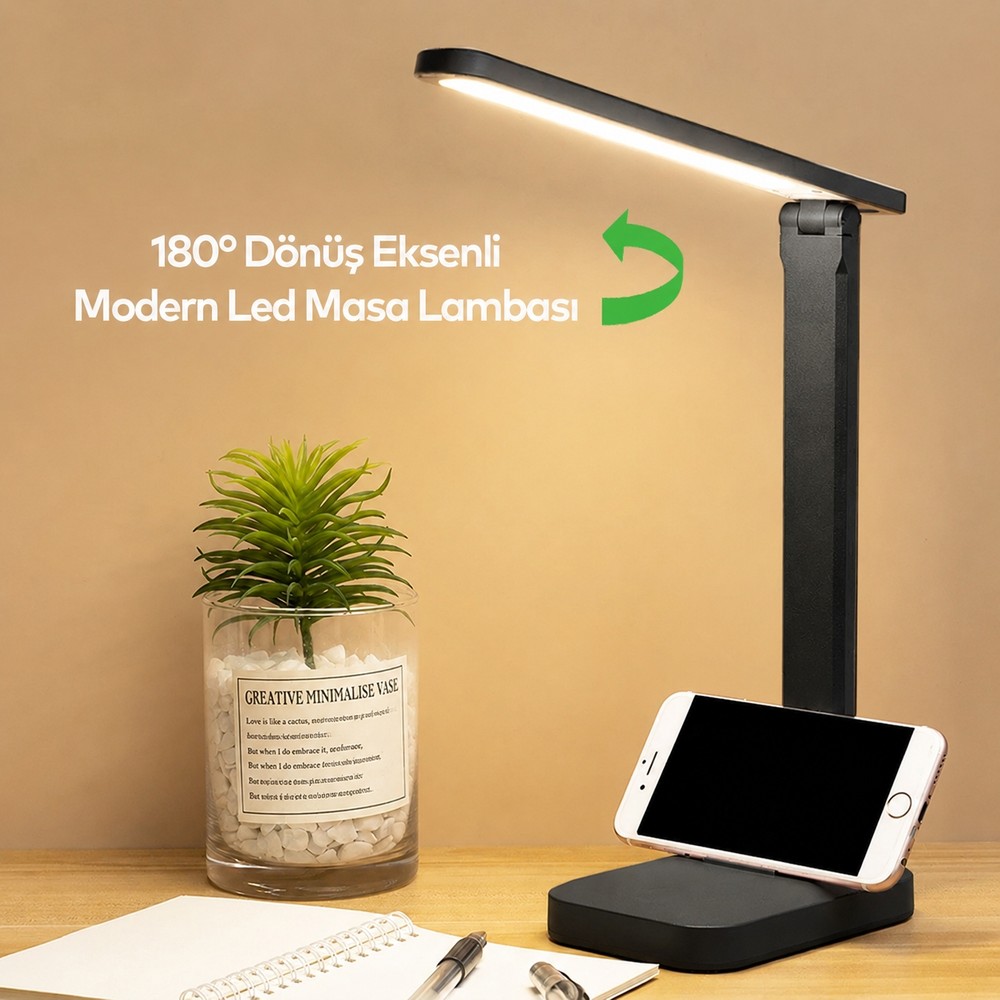 Badem10 Siyah Renk Ledli Masa Lambası 3 Modlu Oynar Başlıklı Şarjlı Çalışma Lambası 9 W Beyaz Sarı Işık