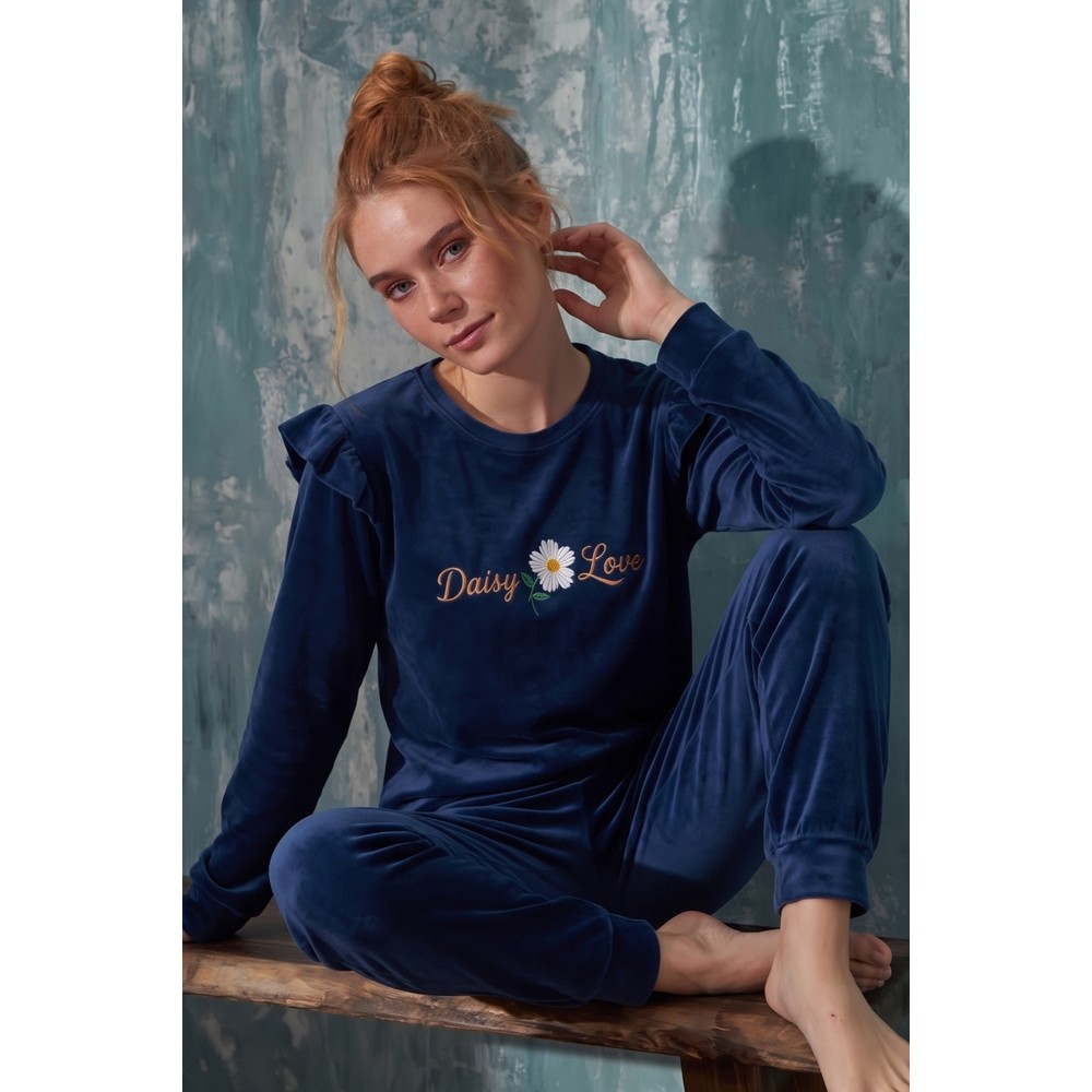 Farya Home Luxury Velvet Fransız Kadife Omuzları Fırfırlı Manşetli Pijama Takımı