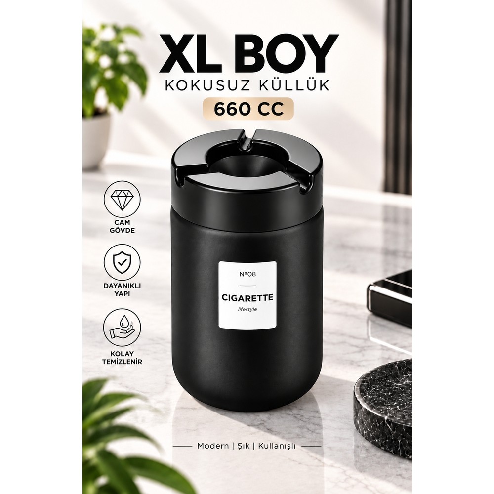 Genchome Homeware Xl Boy Cam Kokusuz Küllük 660 cc Kapaklı Ev Ofis Masaüstü Şık Büyük Küllük